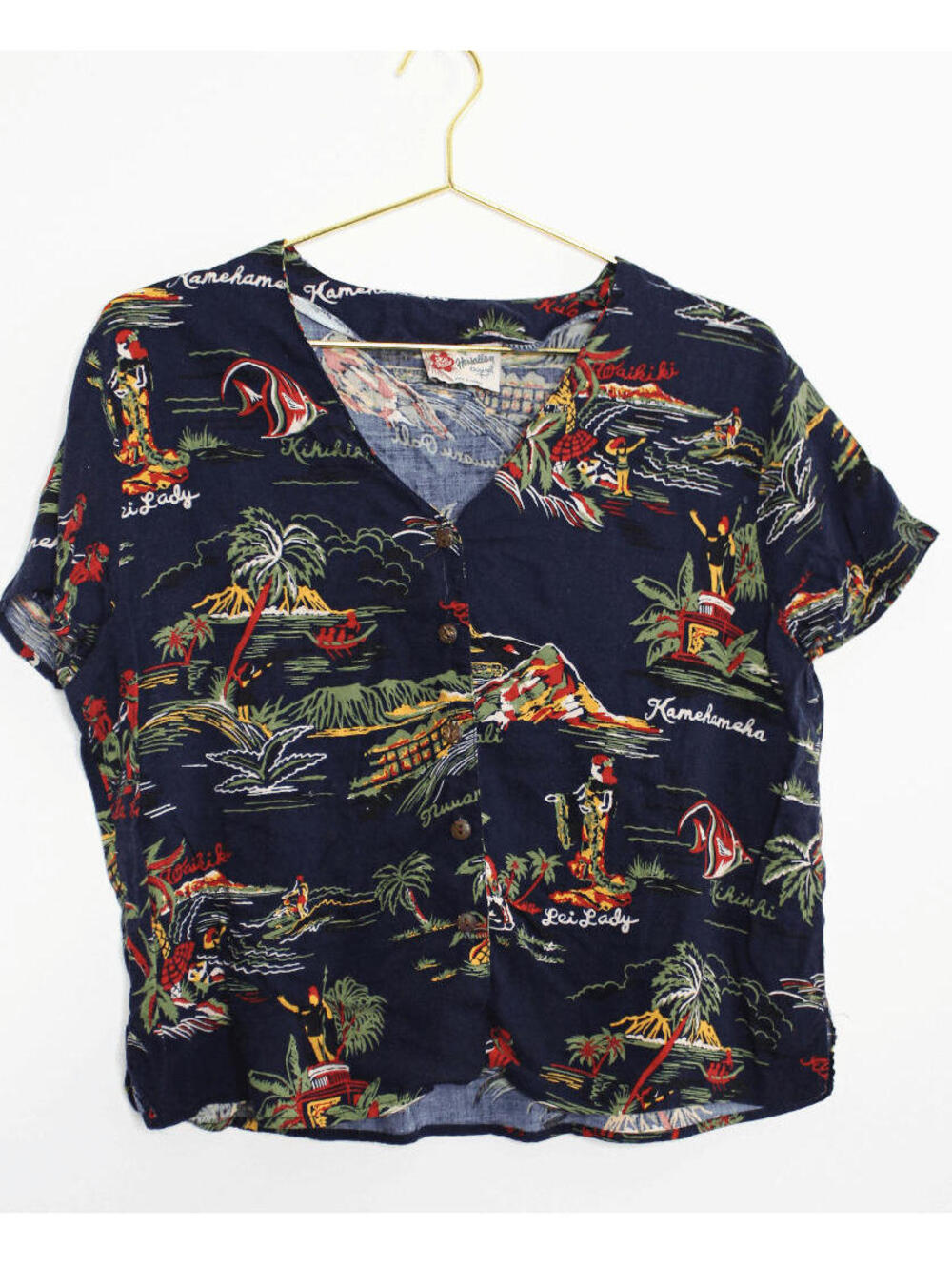 Navy Blue Hawaiian Button Down Crop Top - Large